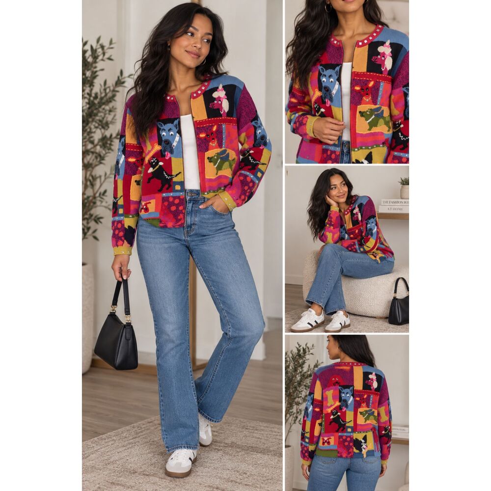 Susan Bristol Vintage Colorful Dog Patchwork Knit Cardigan Sweater Size M